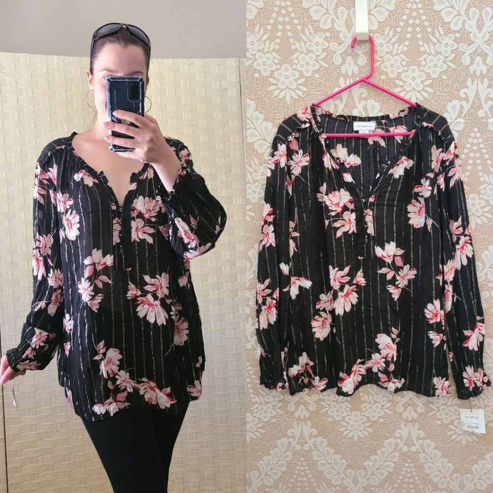LIZ CLAIBORNE Gorgeous Long Sleeve Dressy Floral Black Blouse Sheer Shirt Top 2X